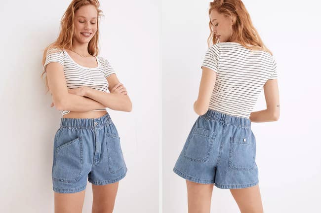 Two images of model wearing blue denim shorts
