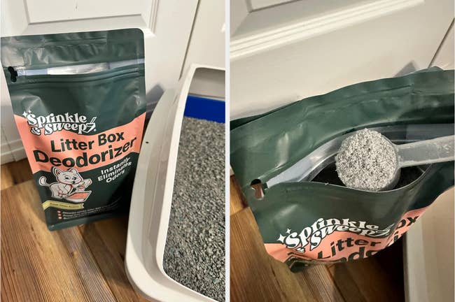 the bundle of litter deodorizer and a scoop of it being taken retired of the bag