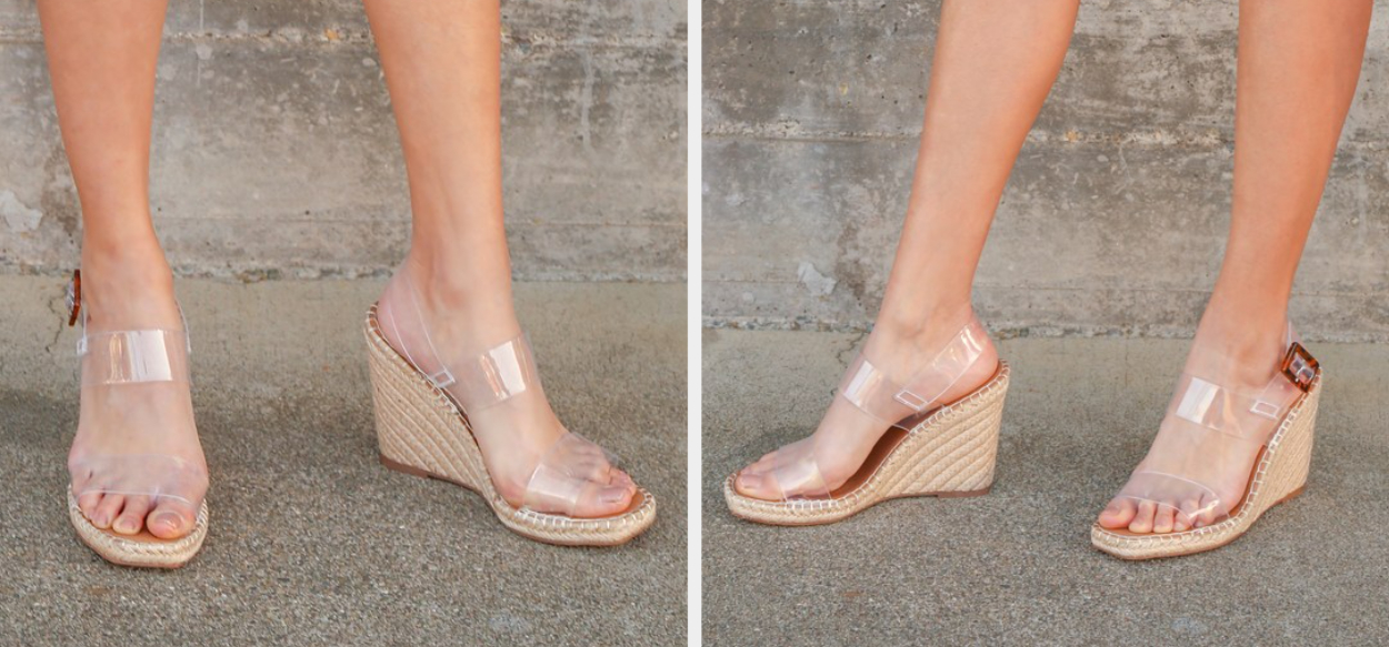 Two images of model wearing clear espadrille wedges