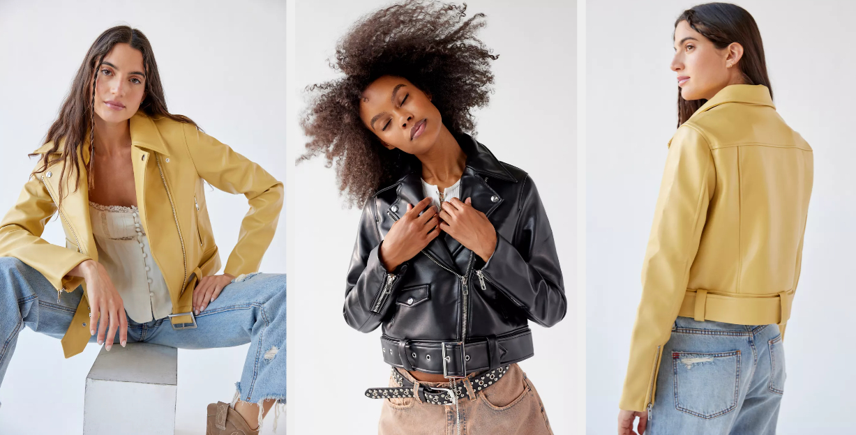Three images of models wearing yellow and black jackets