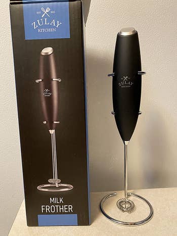 A reviewer photo of a milk frother