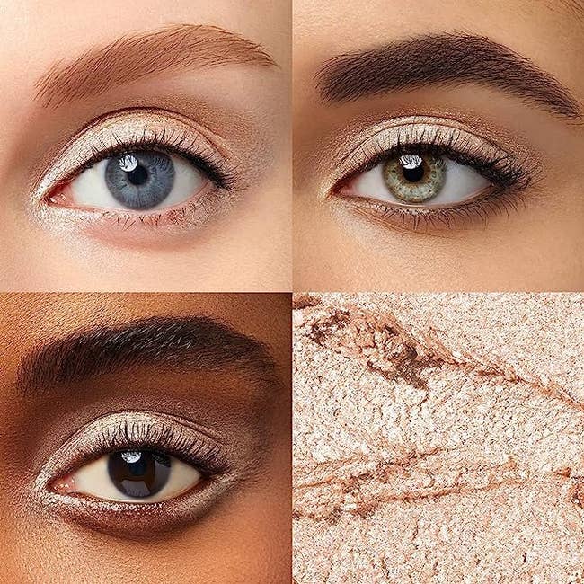 three models each with a different skintone wearing the eyeshadow in a metallic mauve color