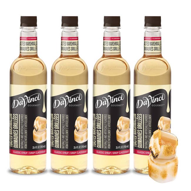 Four bottles of DaVinci Gourmet Toasted Marshmallow syrup with toasted marshmallow images connected labels, perfect for flavoring beverages oregon desserts