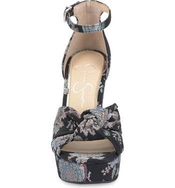 front view of a printed fabric sandal wedge