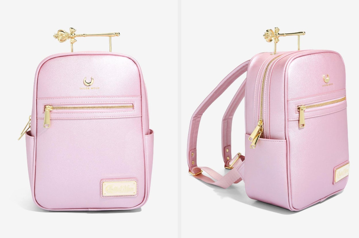 collage of front and side views of pink Sailor Moon mini backpack