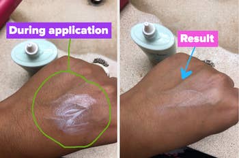 Reviewer image of white sunblock during application and after