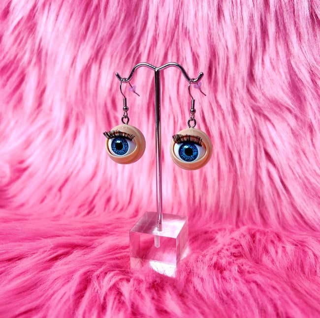blue doll eye earrings with lashes
