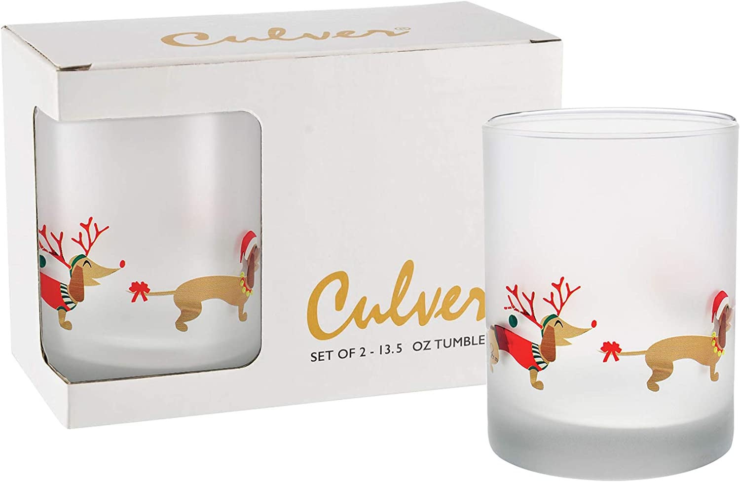 the frosted glass with two holiday Dachshunds on it