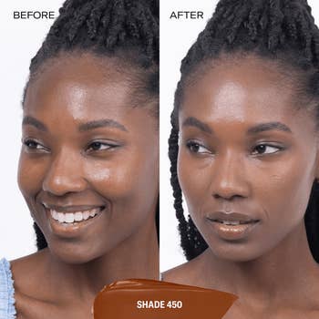 model before and after applying foundation with smooth, even skin after
