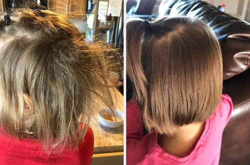 reviewer's child before with hair stick up and after much smoother