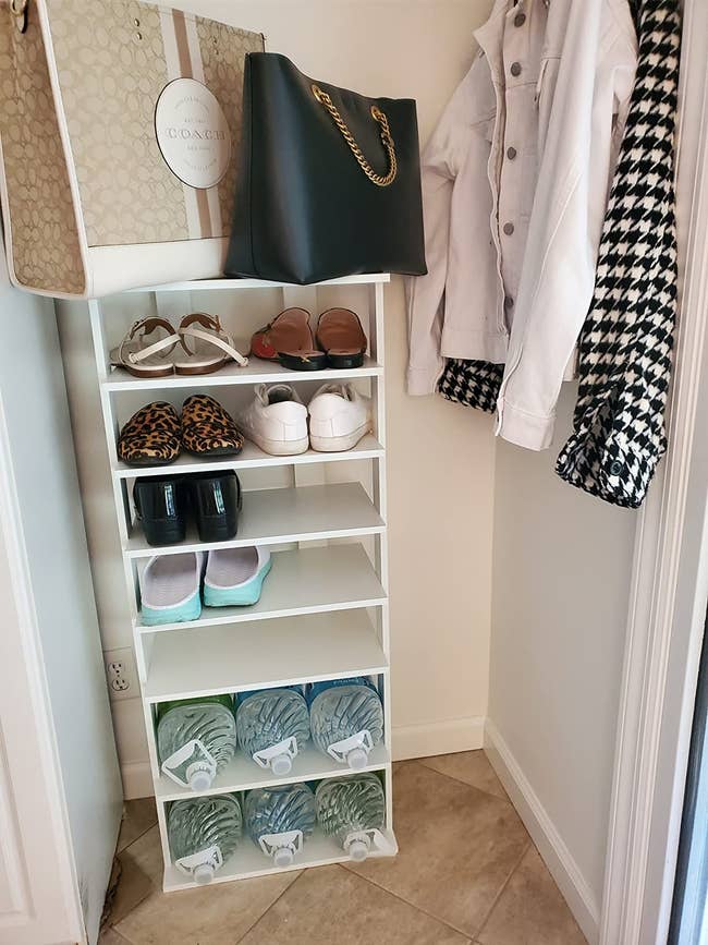 Shoe organizer filled with assorted shoes