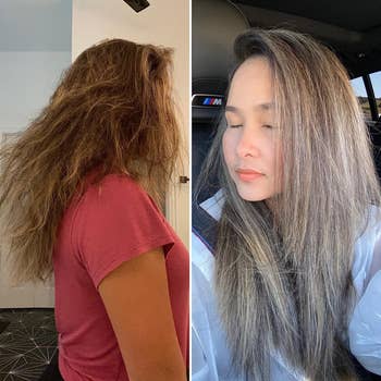 before image of a reviewer with dry damaged and frizzy hair and after image of the same reviewer with smooth and shiny hair