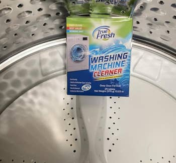 reviewer photo of package of True Fresh cleaning tablets inside washer