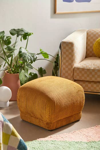 Cozy living room with a textured ottoman, checkered sofa, green plant, and modern decor