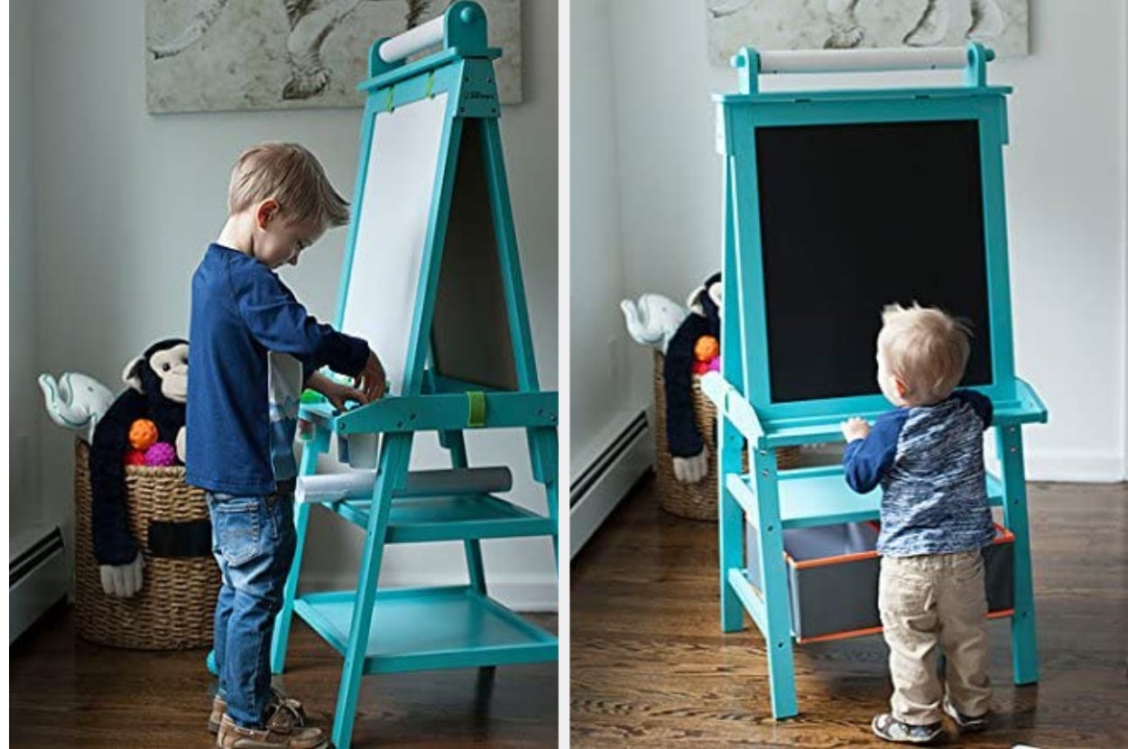 Split image of two children playing with turquoise dry erase and chalk board