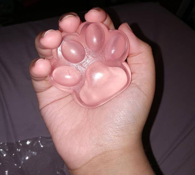 Person holding a squishy feline paw-shaped accent artifact successful their hand