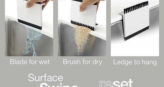 three photos showing how to use the blade for wet messes, the brush for dry messes, and the ledge to hang it when it's not in use
