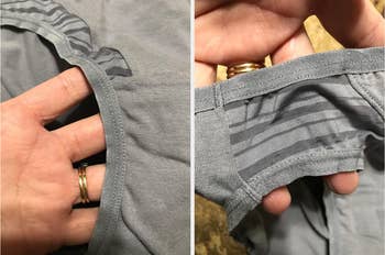 collage of the lining and side stripe of gray panties