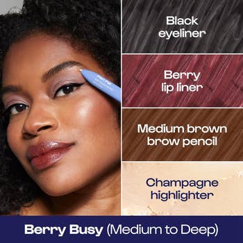 Close-up of a model showcasing makeup products: black eyeliner, berry lip liner, medium brown brow pencil, champagne highlighter. Text reads 