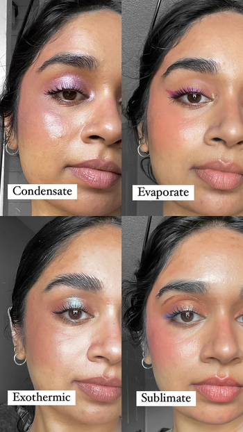 A model wearing Phytosurgence toasted blushes in Condensate, Evaporate, Exothermic, and Sublimate