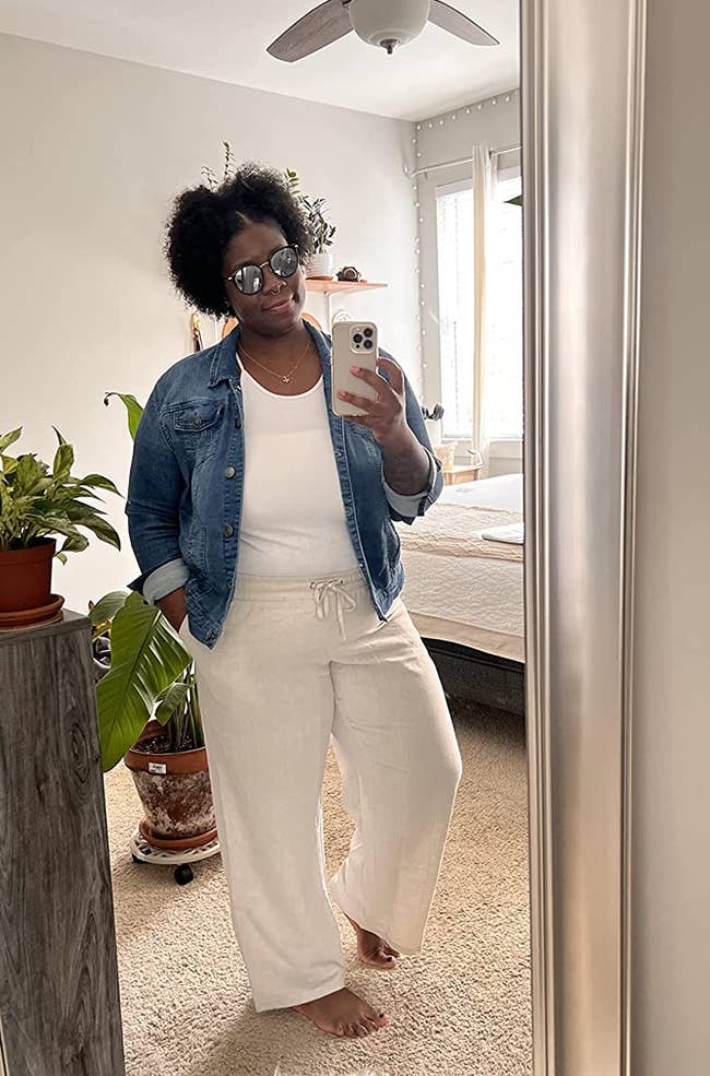 reviewer mirror selfie wearing linen wide-leg pants