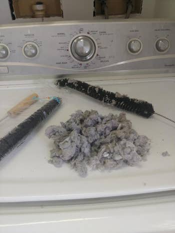 another reviewer image of the dryer vent cleaner next to a pile of lint and dust