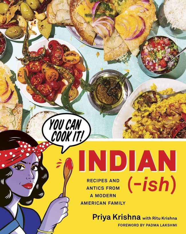 the yellow Indian-ish cookbook cover featuring assorted Indian dishes and an illustrated person dressed like Rosie the Riveter saying, 