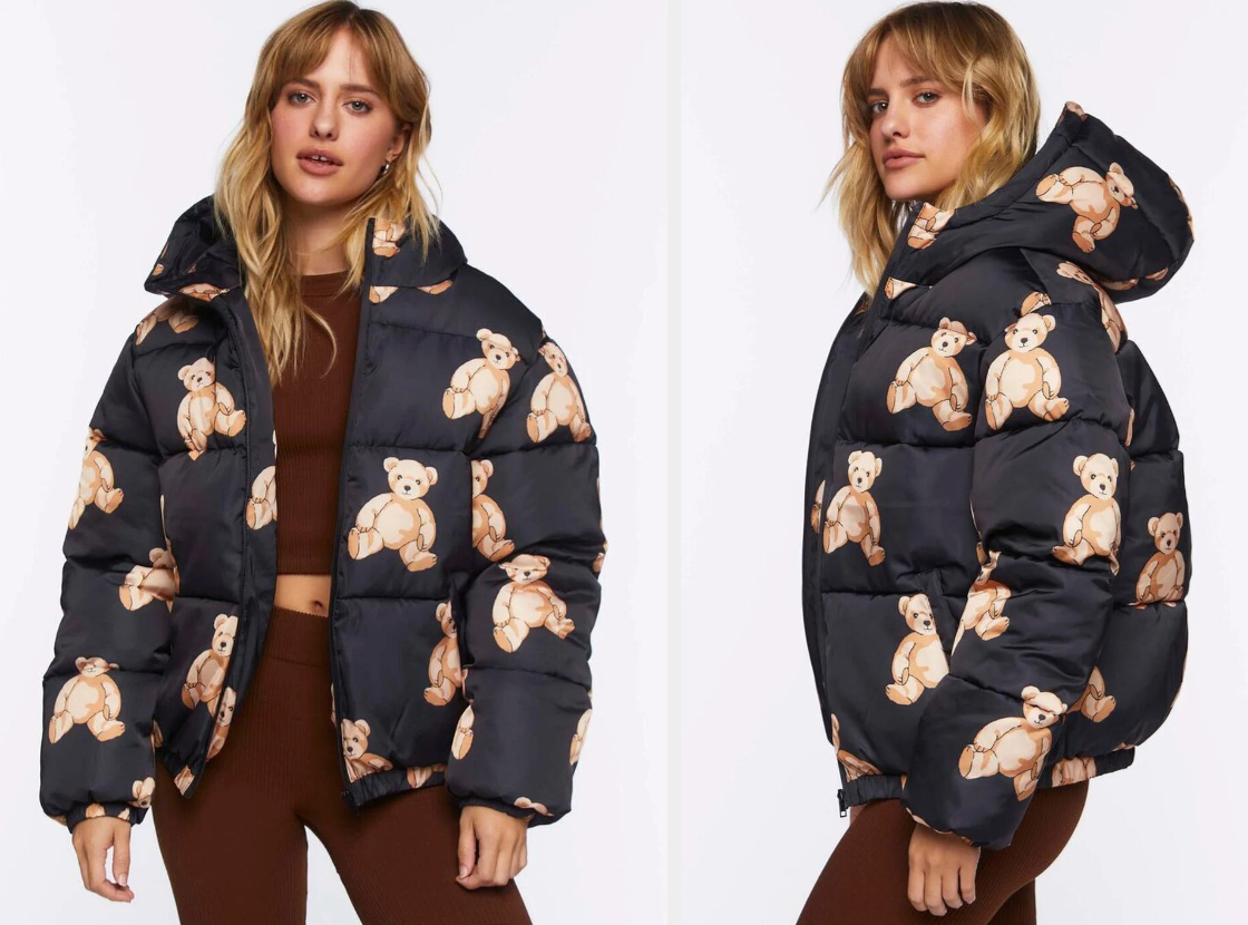 Two images of a model wearing the bear puffer jacket