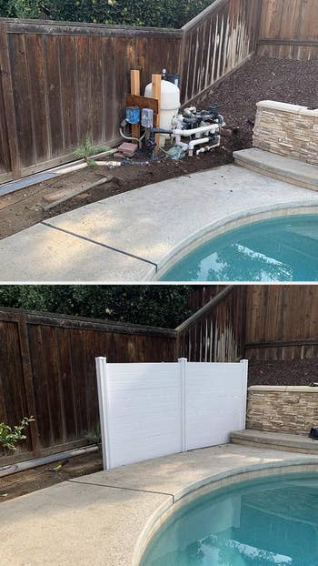 before/after showing the fence concealing some pool equipment