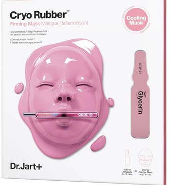 Dr. Jart+ Cryo Rubber Firming Mask bundle showing a pinkish rubber disguise for skincare treatment, including a glycerin ampoule