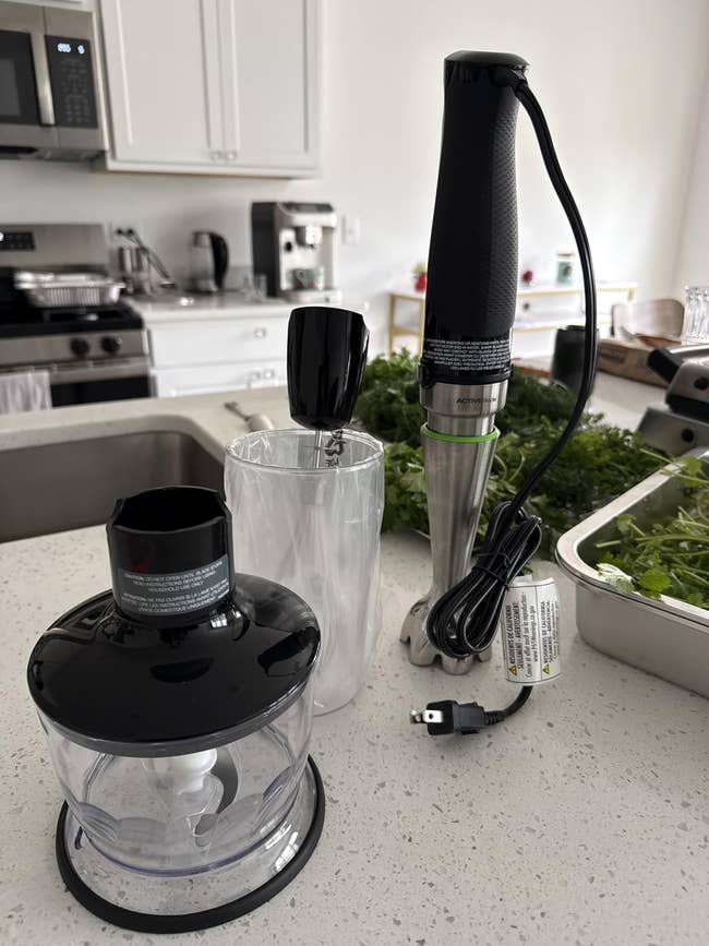 Kitchen countertop with a blender, whisk attachment, and sous vide device, surrounded by fresh herbs and cookware