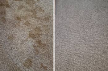 before and after of a reviewer's carpet with 3 years of urine stains, looking fresh and new after using the spray