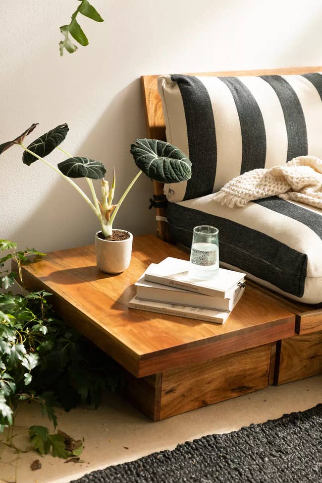 low wood coffee table beside matching sofa and indoor plant