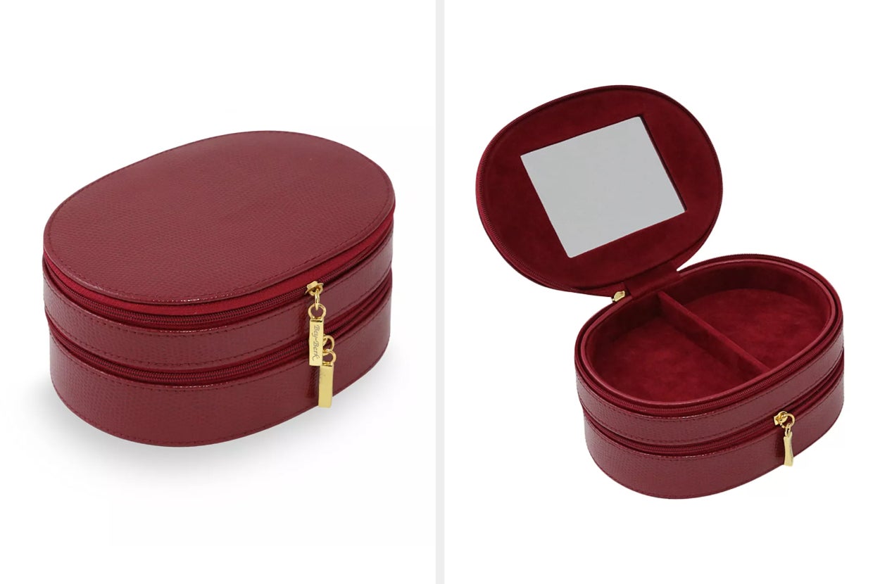 collage of burgundy red oval leather case, zipped close and opened