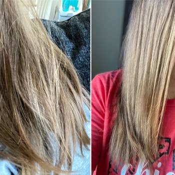Side-by-side images of a reviewer's hair before and after 8 Second Wonder Water