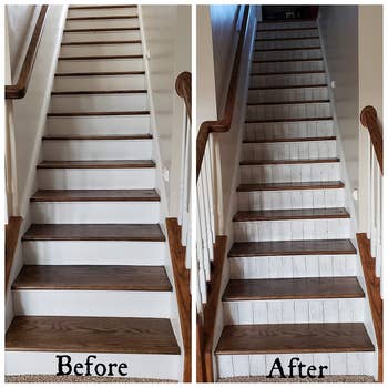 reviewer before and after of their stairs without and then with the shiplap wallpaper