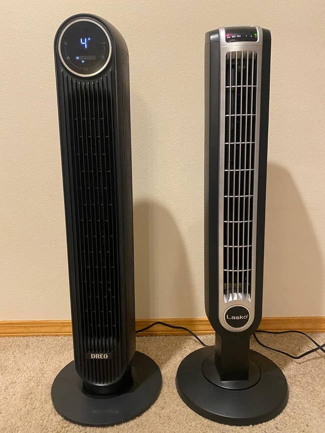 Dreo and Lasko operation fans broadside by side, showcasing antithetic designs and power displays
