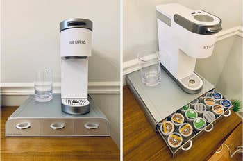 left: front view of reviewer's Keurig machine on top of gray storage drawer / right: overhead view of same reviewers drawers now opened revealing K-Cups stored inside