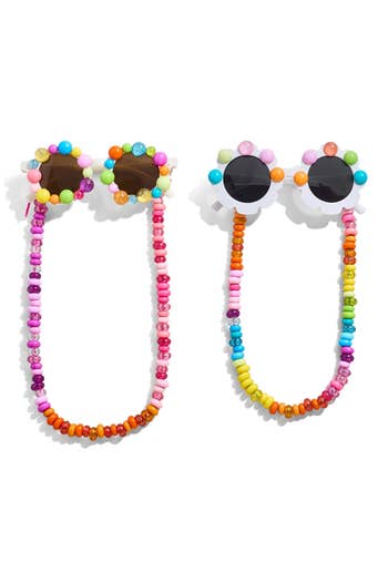 Two pairs of decorative sunglasses with colorful beaded chains, featuring circular lenses and playful, vibrant designs. Ideal for stylish accessories