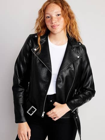 model wearing same jacket in black