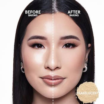 the model before and after using the powder to set their makeup