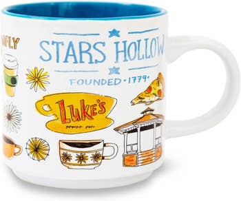 Mug with 'Stars Hollow' print and various references to 'Luke's' diner from the TV show Gilmore Girls, ideal for fans