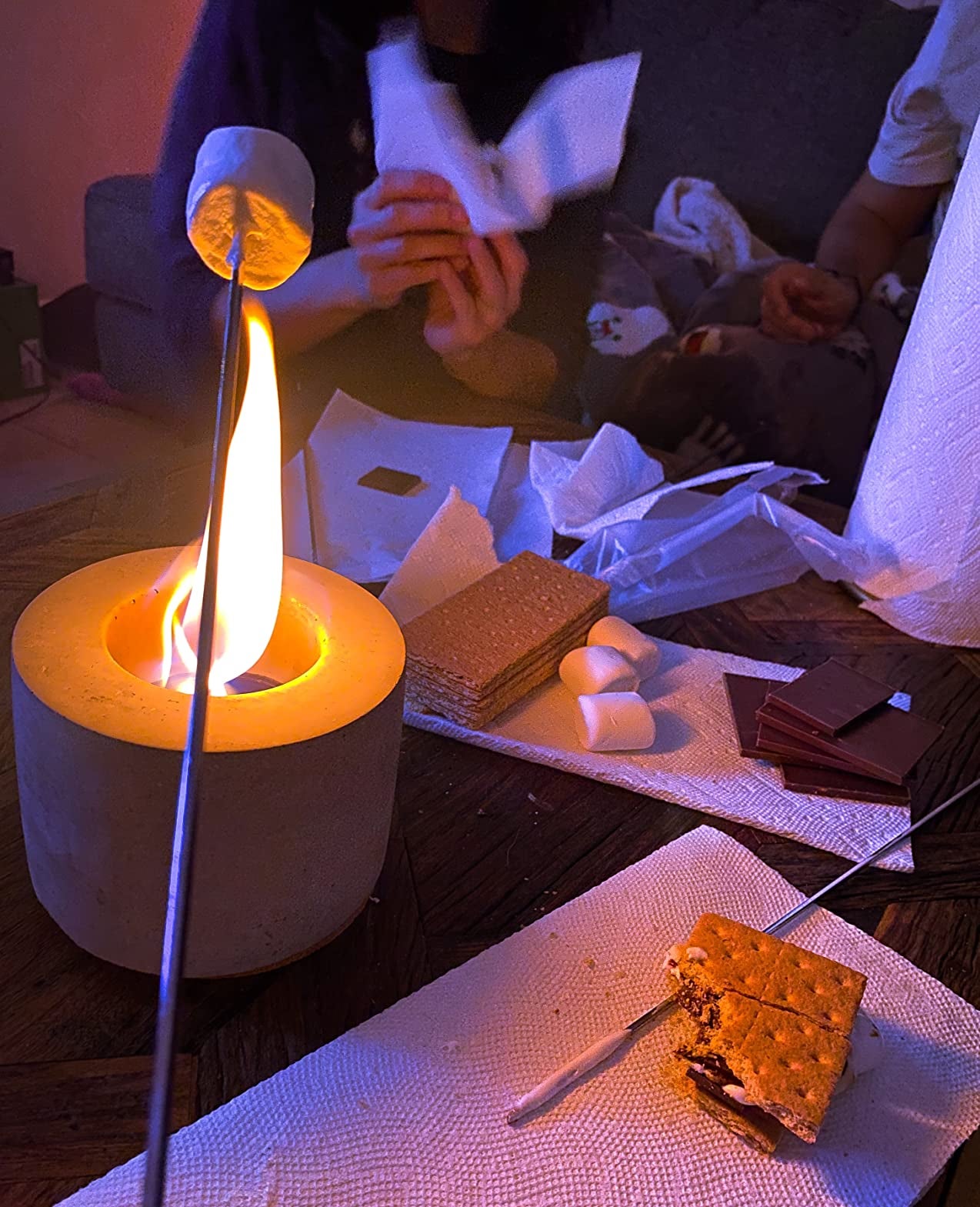 reviewers lit fire pit with s'mores and the ingredients for s'mores around it