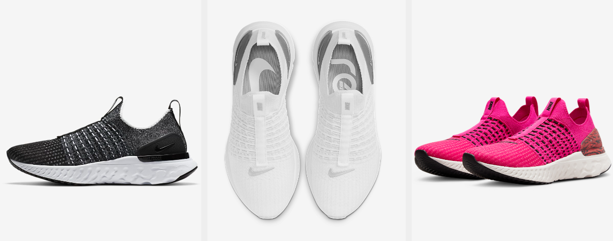 Three images of black, white, and pink sneakers