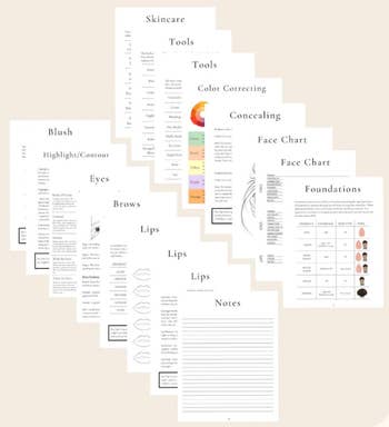 Various makeup and skincare charts with categories like Tools, Color Correcting, and a Face Chart for shopping reference