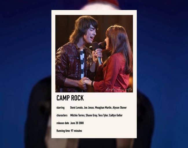 the movie poster featuring a still of mitchie and shane during this is me in camp rock as a well as a list of characters and actors and the movie's release date and running time