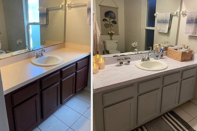 before/after of marble adhesive applied to a bathroom counter