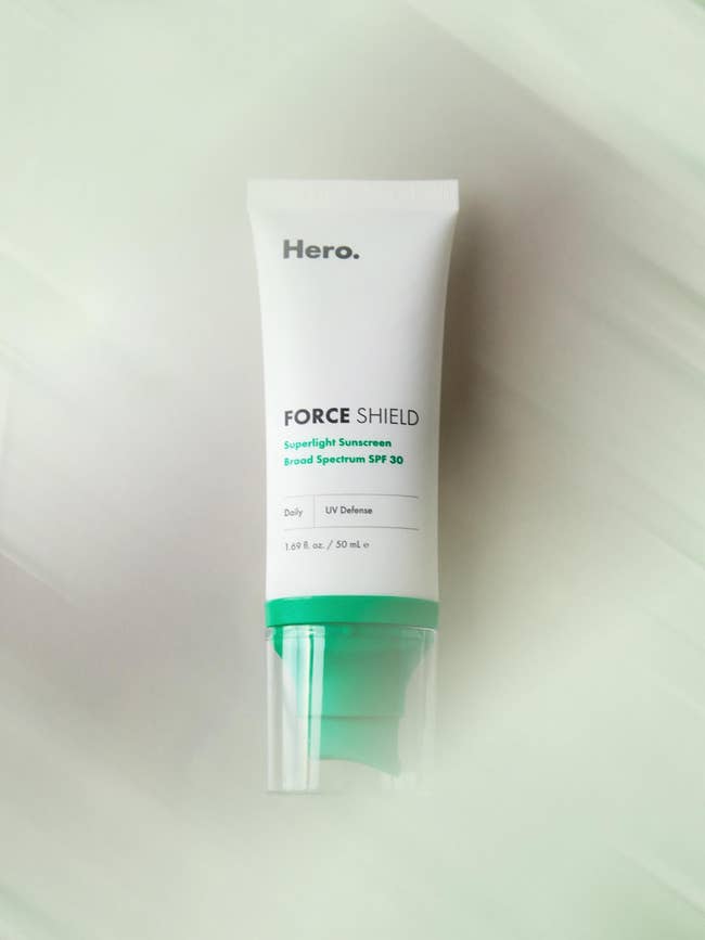 Tube of Hero Force Shield sunscreen, SPF 30, with wide cap.