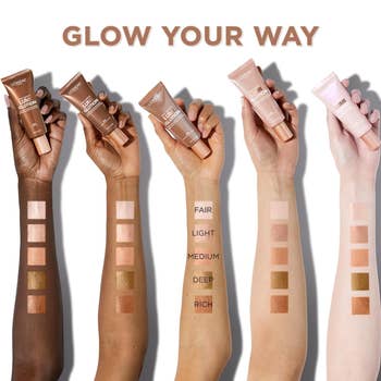 Five arms with assorted tegument tones, each displaying respective shades of the product