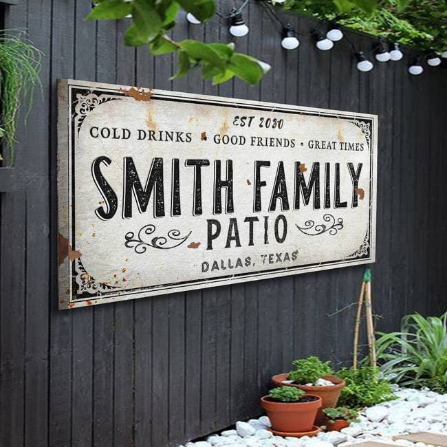 Customizable family patio sign featuring a family name, location
